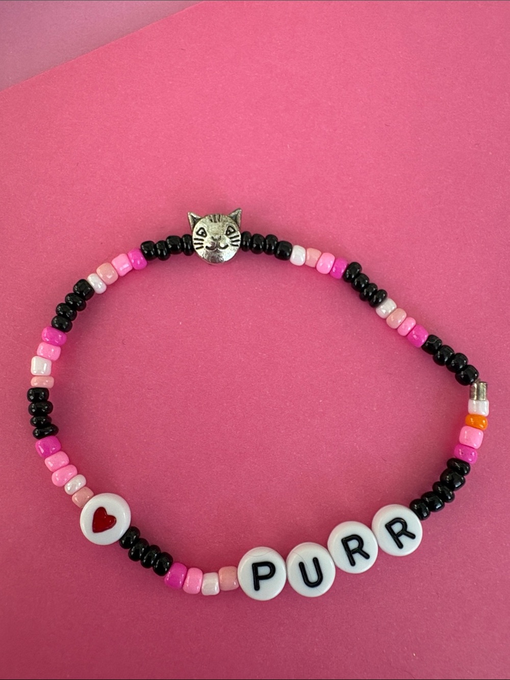 Handmade 'PURR' Cat Beaded Bracelet - Pink & Black